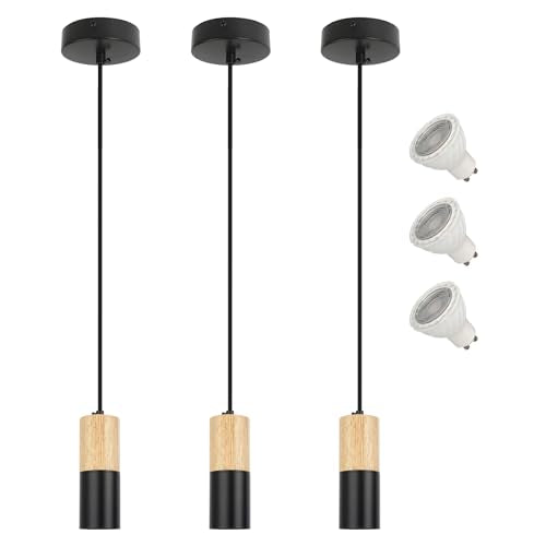 Lampa suspendata LED, Set 3 pendule VONCI, 3 becuri GU10 incluse, Ideala pentru Dormitor, Living, 20 cm, Negru
