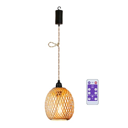 Lampa suspendata E27 pe baterie, cu abajur ratan boho