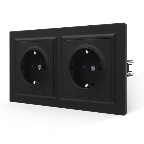 Priza dubla Schuko 16A negru mat Smooth Skin, 250V, 155x84 mm