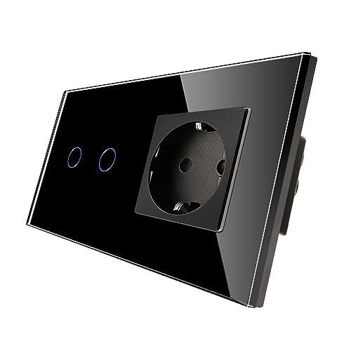 Intrerupator Dimmer touch dublu cu priza Schuko CNBINGO, sticla neagra, LED status