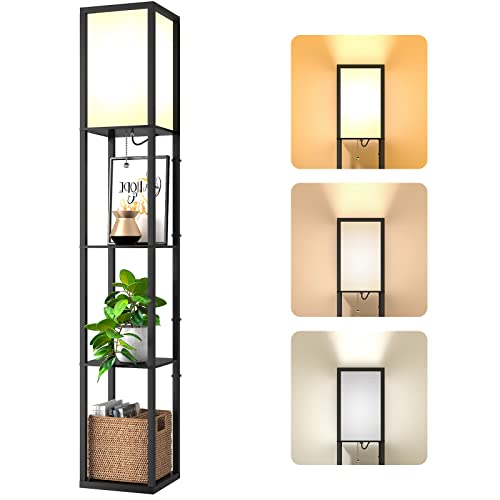 Lampa de podea cu rafturi LED + E27, abajur textil alb - Negru
