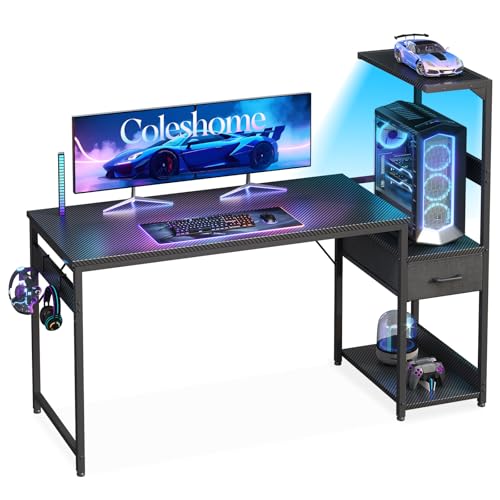 Birou gaming 138x48 cm cu LED, sertare si raft reversibil Coleshome