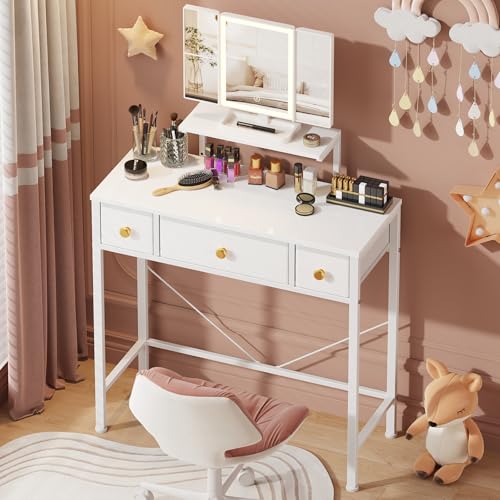 Masa toaleta 30x70 cm cu oglinda si lumini + 3 sertare textil, alba