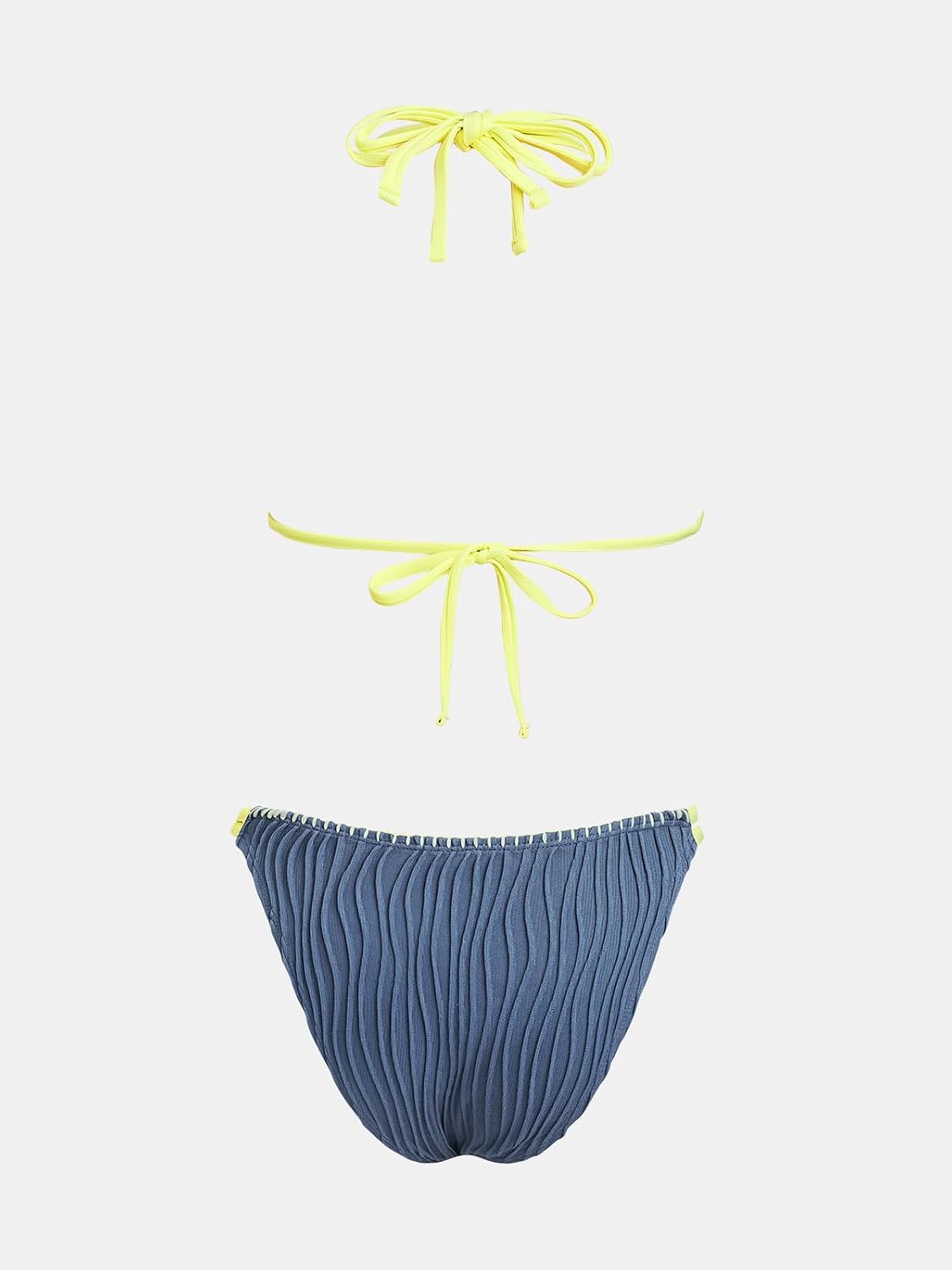 Costum de baie bikini CUPSHE cu decolteu in V si bretele la gat, talie joasa, marimea XL, albastru otel/galben neon