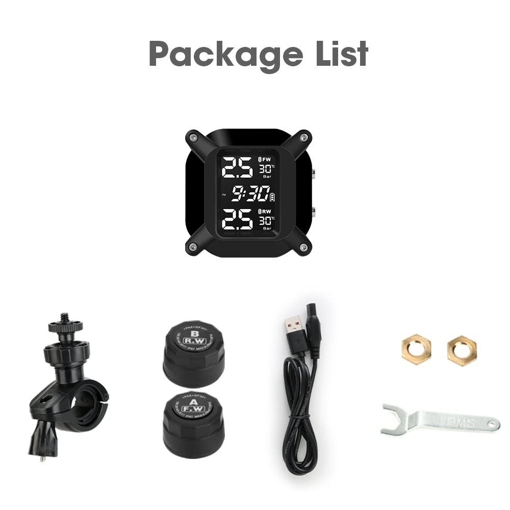 Jansite Motorcycle TPMS Wireless Tyre Pressure Monitoring System with 2 External Sensors LCD Display Car Alarm System Anti-Off & Waterproof Waterproof
