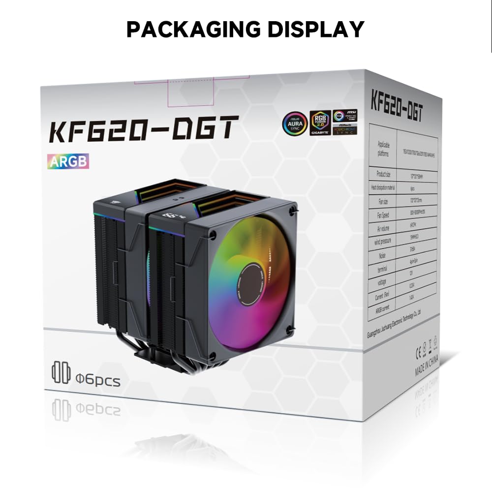 Jungle Leopard KF620 DGT ARGB Digitaler CPU Luftkühler,265W TDP,158mm Höhe,Doppel 12cm leiser PWM-Lüfter CPU-Kühler,für Intel LGA 1700/1200/115X/1851/1366/2011, für AM4/AM5 (BK)