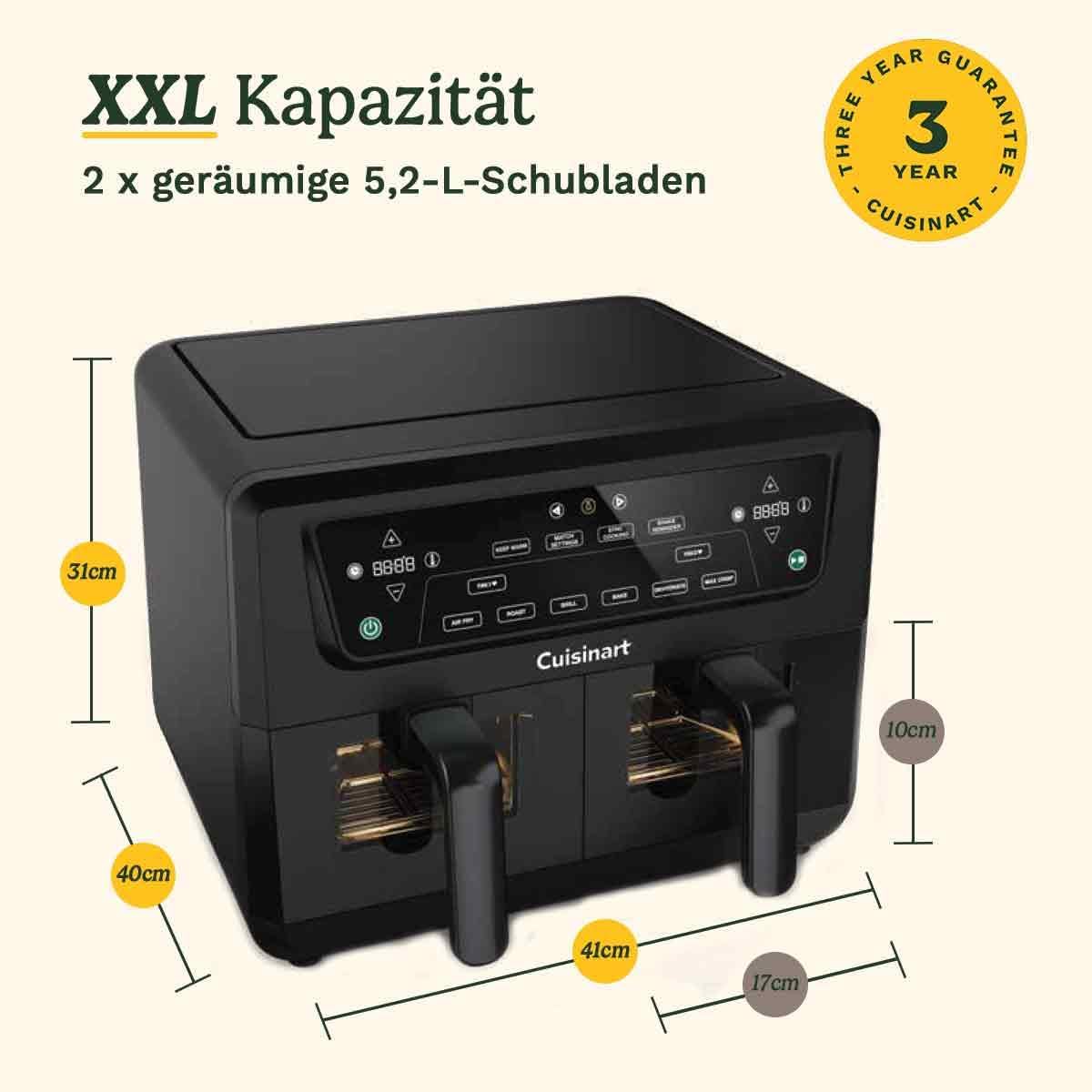Friteuza cu aer cald cu 2 camere XXL, 10,4 L (5,2 L + 5,2 L), fara PFAS, neagra cu fereastra de vizualizare