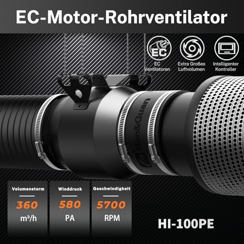 Ventilator de tub Hon&Guan EC 100 mm, 360 m³/h, cu regulator inteligent de temperatura si umiditate, control viteza, stecher EU, pentru grow tent, sera, filtru carbon activ, imprimanta 3D