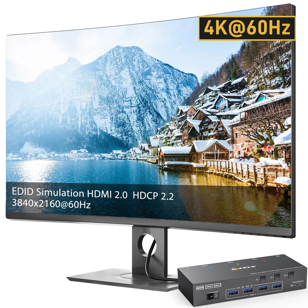 Switch KVM USB 3.0 HDMI, 3 PC la 2 Monitoare, 4K 60Hz, HDMI 2.0, EDID, Telecomanda si Cabluri Incluse