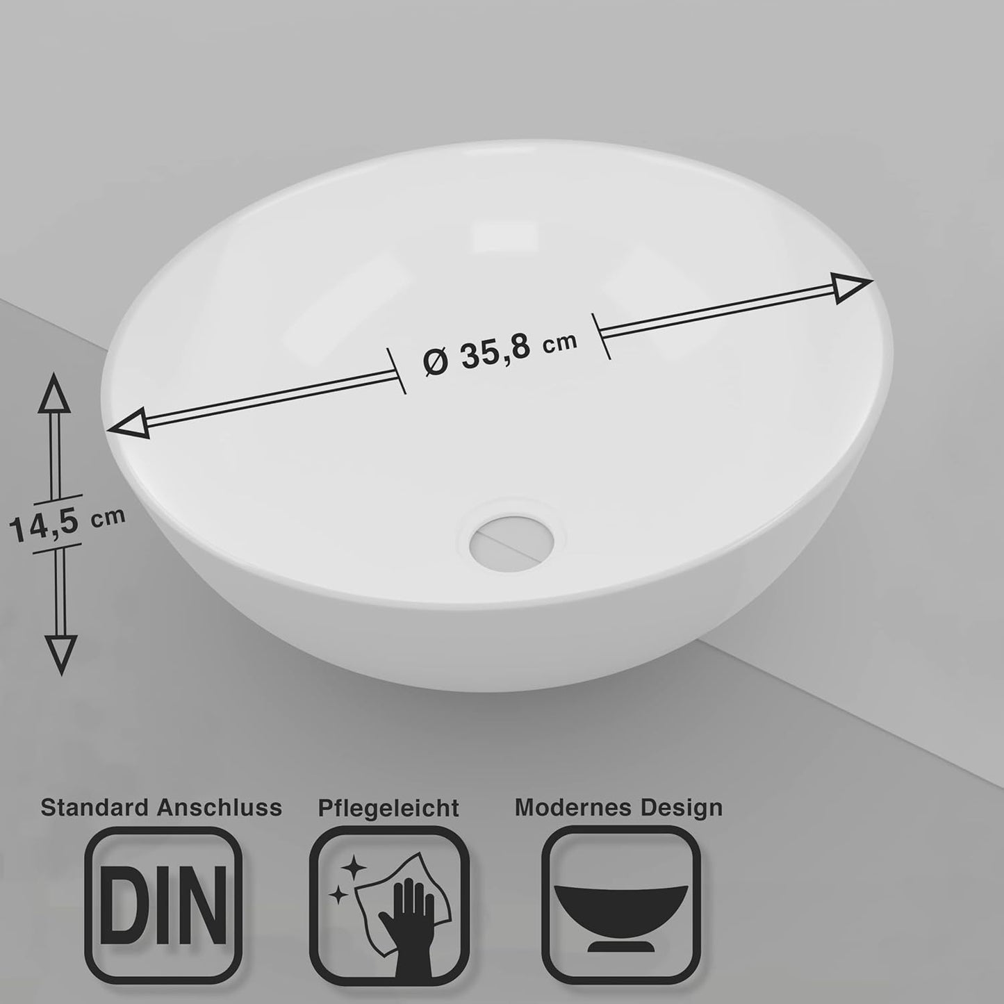 VMbathrooms Premium Round Washbasin with Lotus Effect, Above-Counter Basin for the Bathroom and Guest Toilet, Wash Basin without Tap Hole and without Overflow, Pure White Above-Counter Basin