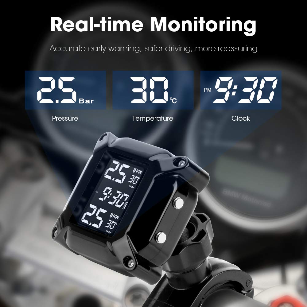 Jansite Motorcycle TPMS Wireless Tyre Pressure Monitoring System with 2 External Sensors LCD Display Car Alarm System Anti-Off & Waterproof Waterproof