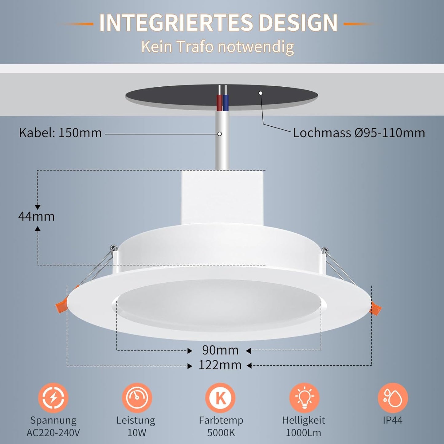 DUSKTEC Smartee LED Spotlight RGB, LED Recessed Spotlight, 230 V Flat, Alexa Compatible, Bluetooth Ceiling Spotlights, Colour Changing, 10 W, 1000 LM, IP44 Recessed Lights, White, Dimmable with App