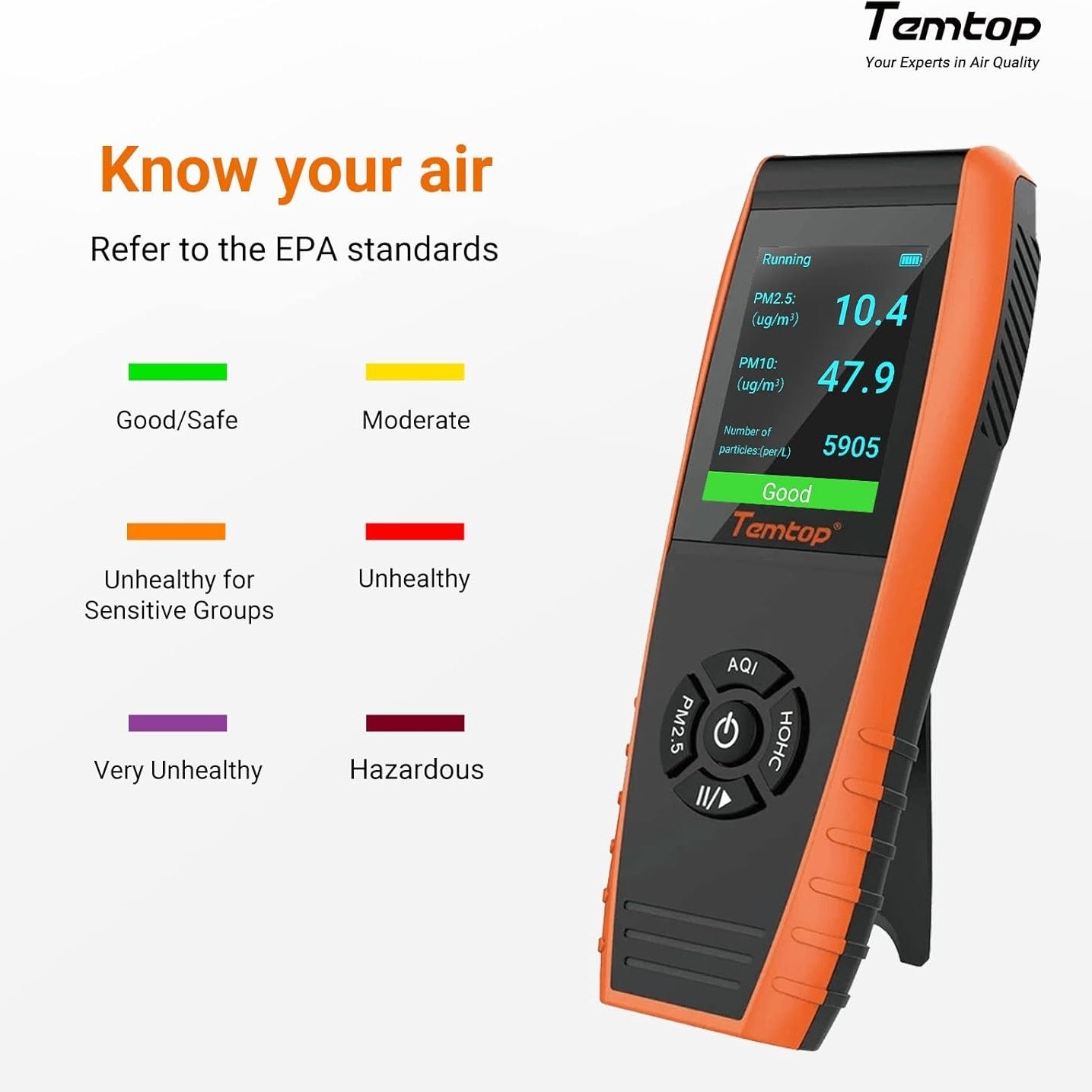 Temtop Air Quality Monitor Detects PM2.5 PM10 Formaldehyde TVOC AQI Temperature Humidity Tester Particle Counter Indoor Outdoor Air Pollution Detector with Data Export, LKC1000S+ 2nd