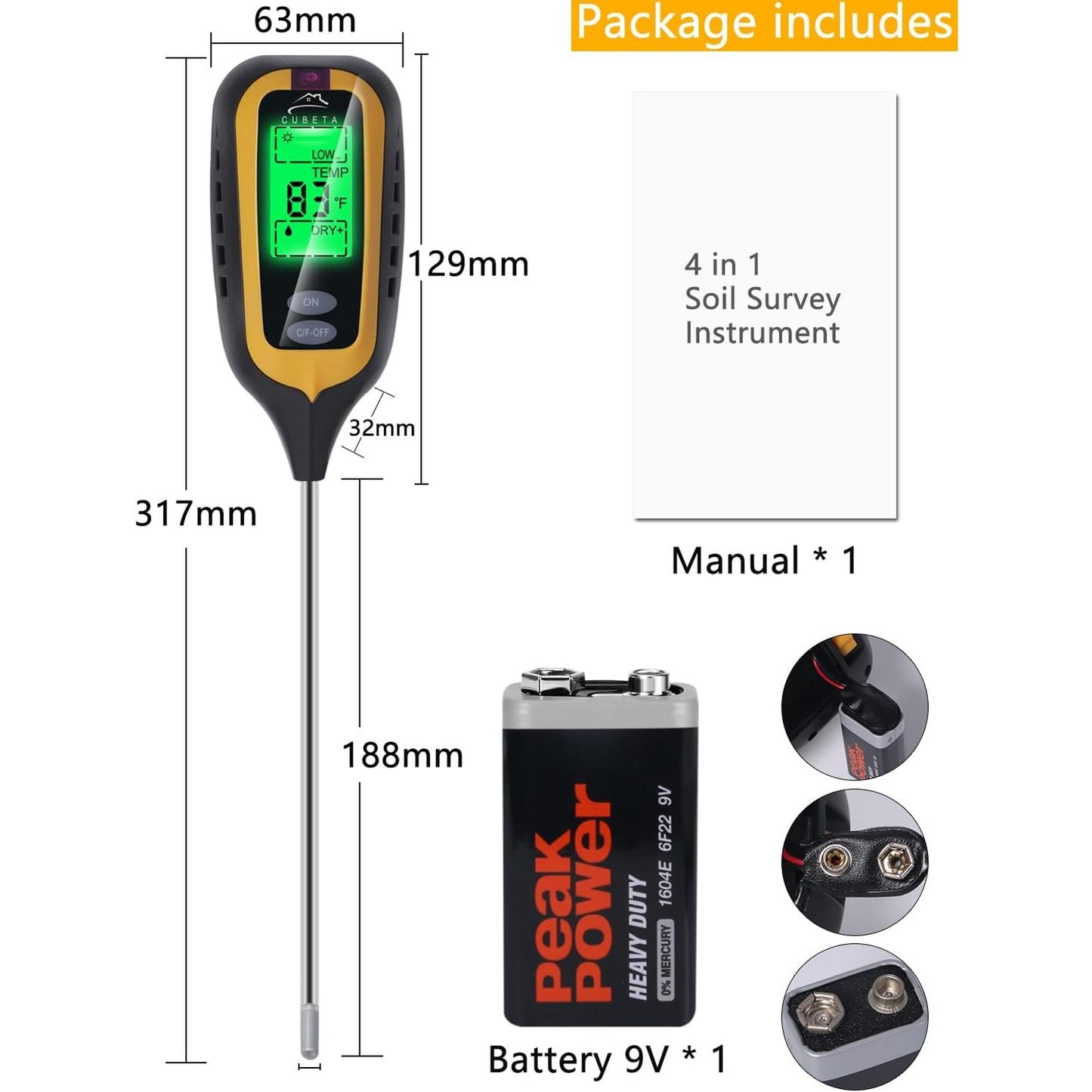 CUBETA Moisture Meter Plants Moisture Meter 4 in 1 Humidity/Temperature/pH/Light for Gardening, Lawn, Indoor Plants (Yellow)