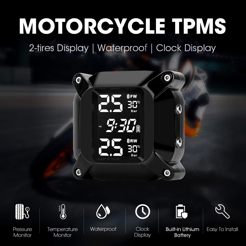 Jansite Motorcycle TPMS Wireless Tyre Pressure Monitoring System with 2 External Sensors LCD Display Car Alarm System Anti-Off & Waterproof Waterproof
