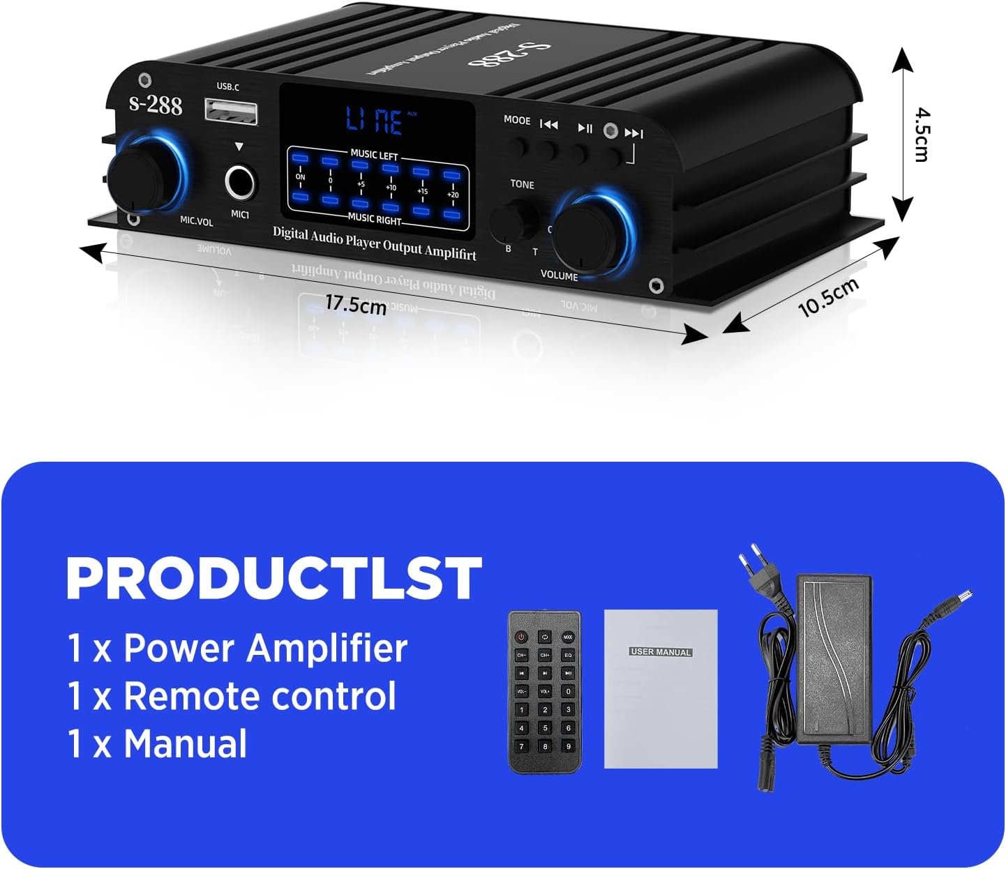 4.1 Channel Amplifier, 1200 W Mini HiFi Stereo Amplifier, Bluetooth 5.0 for Home Speakers 35 W x 4 from 110-240 V to DC 12 V with USB/Microphone/FM with Remote Control