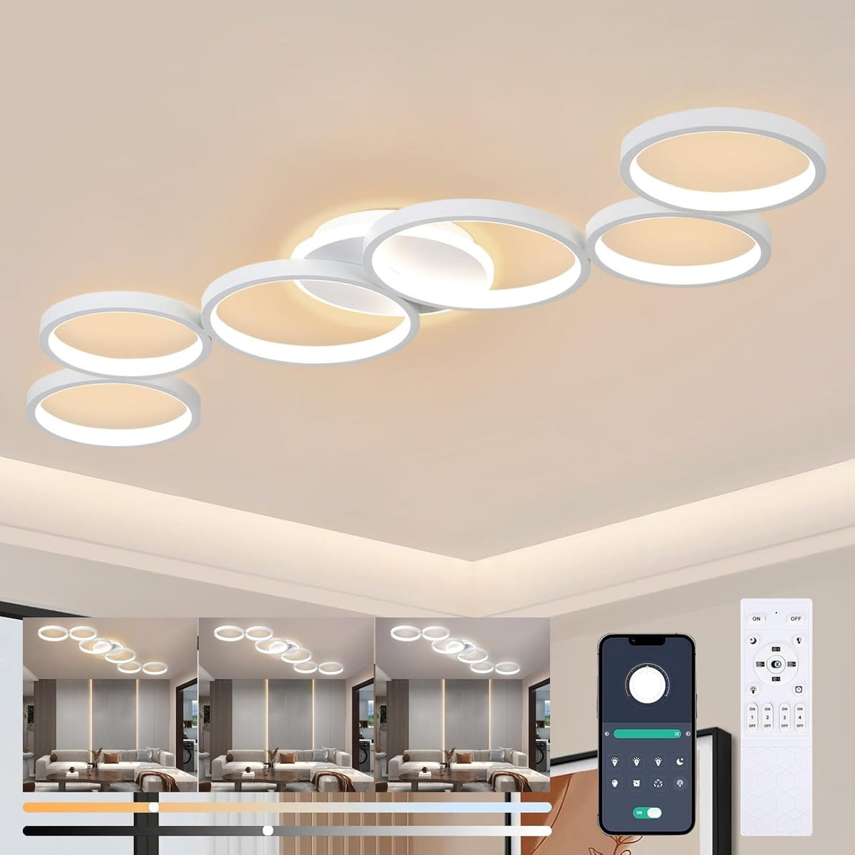 LED Ceiling Light Dimmable Living Room Ceiling Lamp White Living Room Lamps Bedroom Light Remote Control and APP Control, Modern 6-Ring Round Ceiling Lighting with Memory Function, L113cm/69W