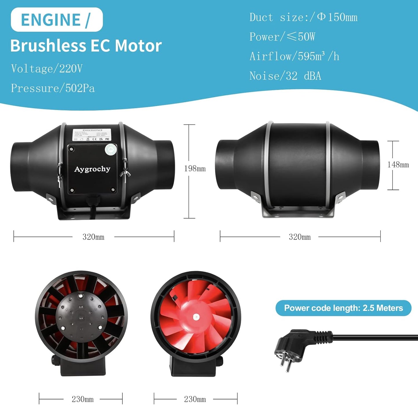 Aygrochy Inline duct Fan 150mm/6 inch, Extractor Fan with Variable Speed Controller, using for Bathroom, Office, Grow Tents, EC motor 2800 rpm, UK Plug