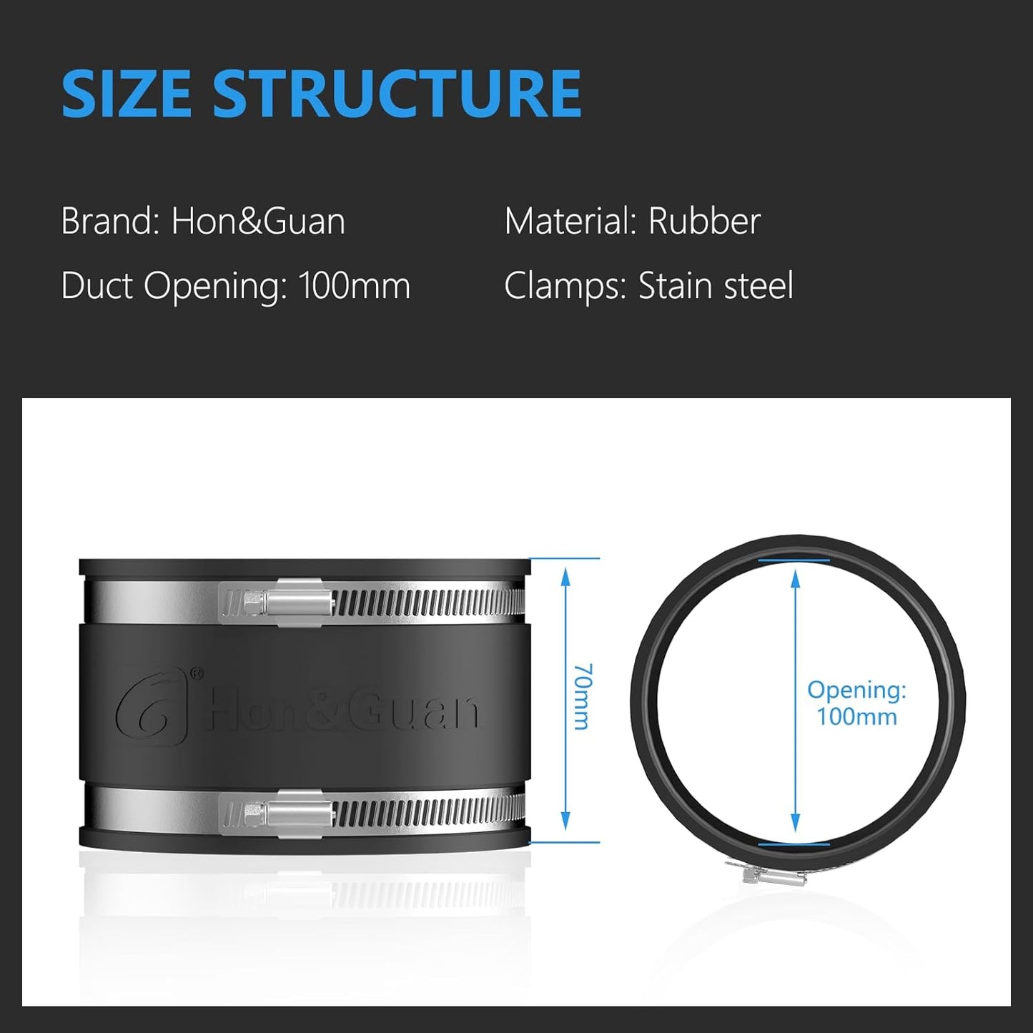 Hon&Guan 100 mm Flexible Rubber Sleeve Rubber Coupling with Two Stainless Steel Clamps, Noise-Reducing Cuff Odourless, Pipe Connector for Pipe Fan, Carbon Filter, Rigid Pipe, Steel Pipe