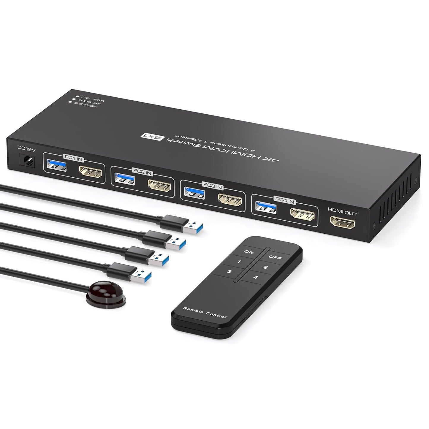 USB3.0 HDMI KVM Switch 4 Computers EDID 4K60Hz 4 Port KVM for 4 PC Sharing 1 Monitor and 4 USB 3.0 Devices with Controller