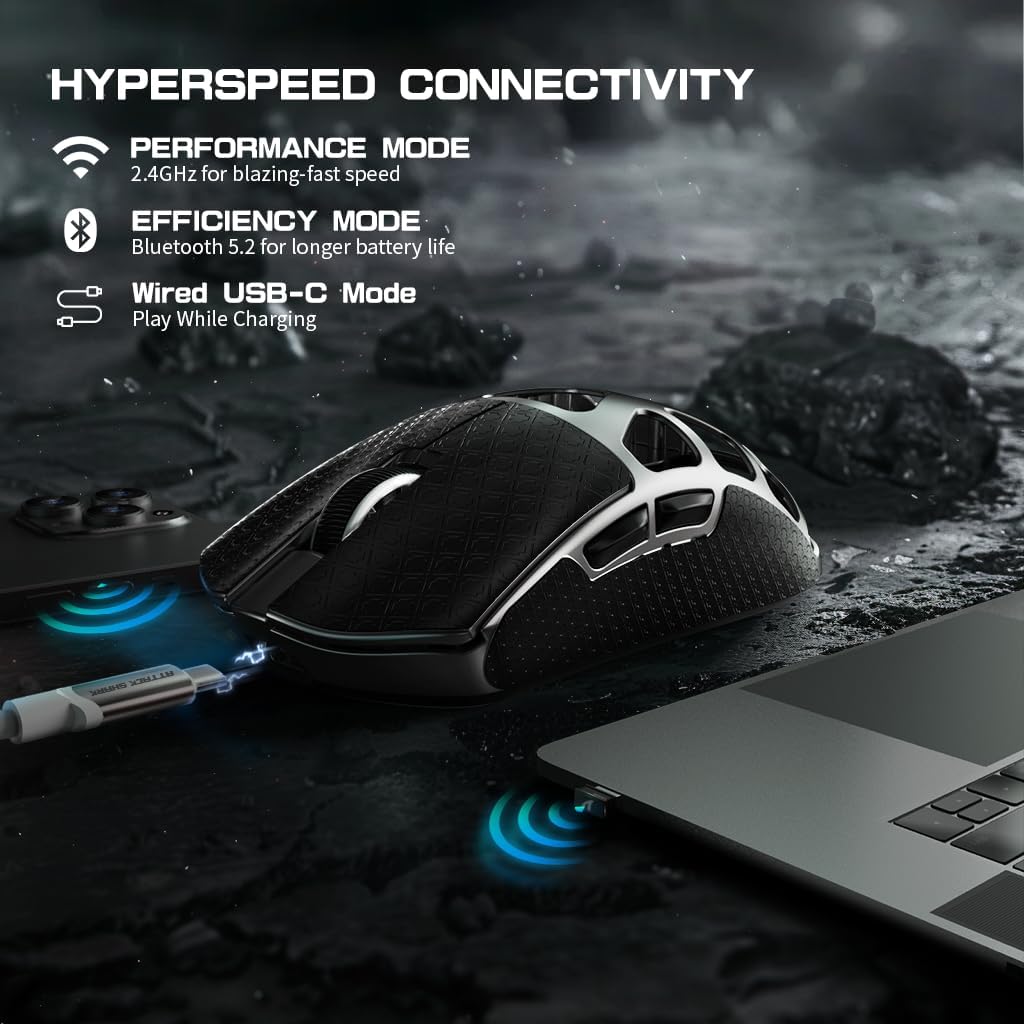 ATTACK SHARK R3PRO 46g Superlight Magnesium Alloy Mouse, 8000Hz Wireless Polling Rate, 26000 DPI, 2.4G/BT/Wired Gaming Mouse, PixArt PAW3395 Sensor G502, with Coiled Cable, PC/Mac, Grey