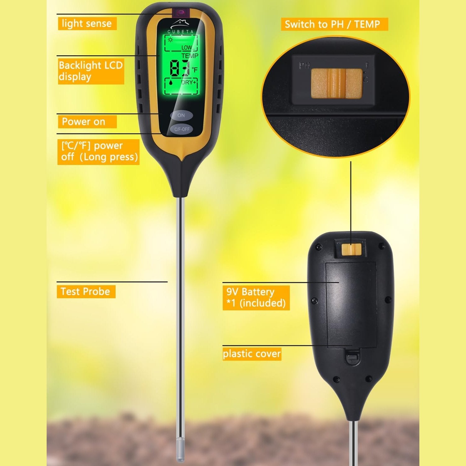 CUBETA Moisture Meter Plants Moisture Meter 4 in 1 Humidity/Temperature/pH/Light for Gardening, Lawn, Indoor Plants (Yellow)
