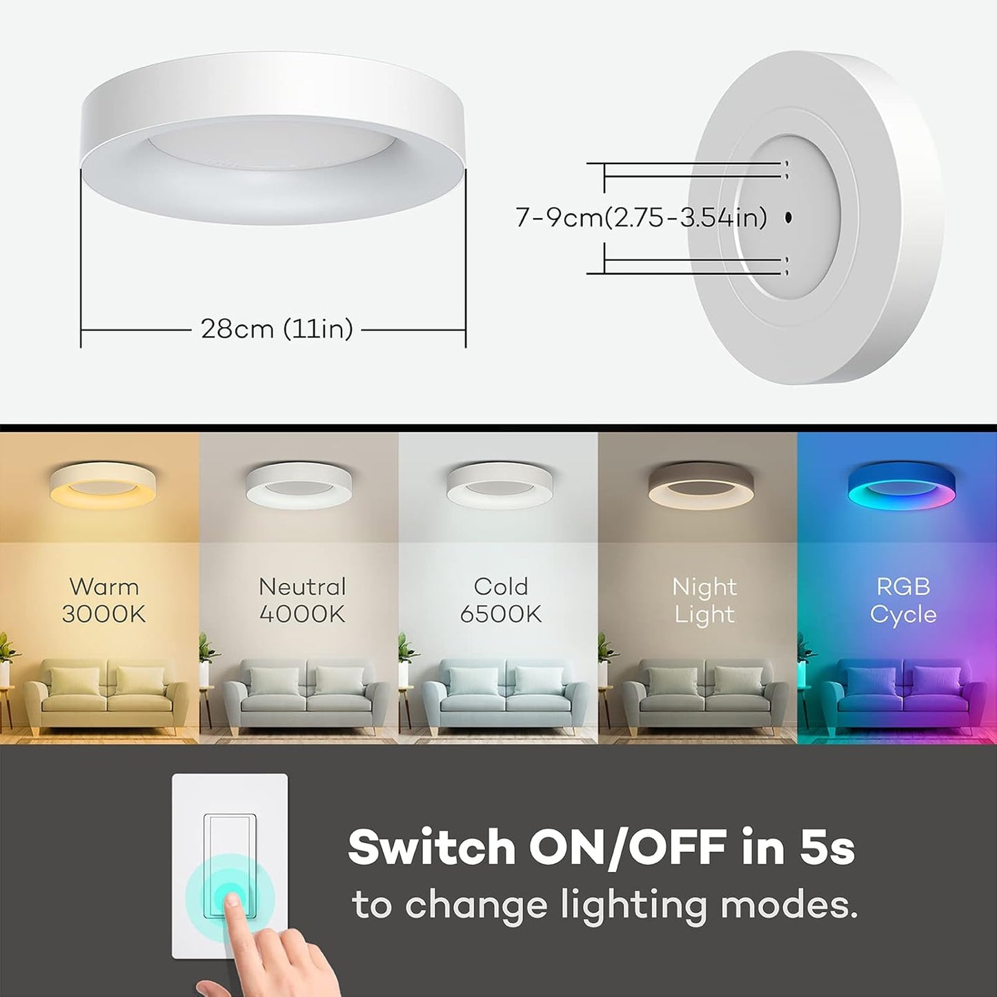Matane LED Ceiling Light RGB Colour Changing Ceiling Light Dimmable with Remote Control 24 W Bulbs 3000 K - 6500 K for Teenager's Room Living Room Bedroom Children's Room Bathroom Kitchen Round 28 cm