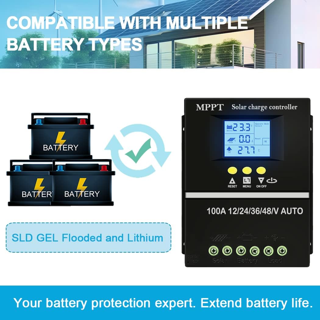 Y&H 100A MPPT Solar Charge Controller 12V 24V 36V 48V LCD Display Battery Intelligent Regulator Max 100V Input Dual USB for Lead-acid/Lithium