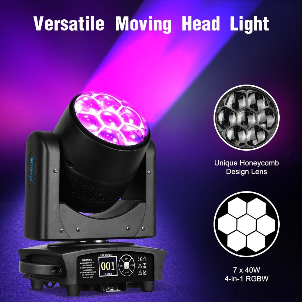 BETOPPER Moving Head Light 7x40W RGBW Beam/Wash/Zoom/CTO Effect Bee Eye LED Stage Lighting Spot Lights with Sound Activated for DJs, Bars, Christmas, and Home Party Lighting,1 Pack