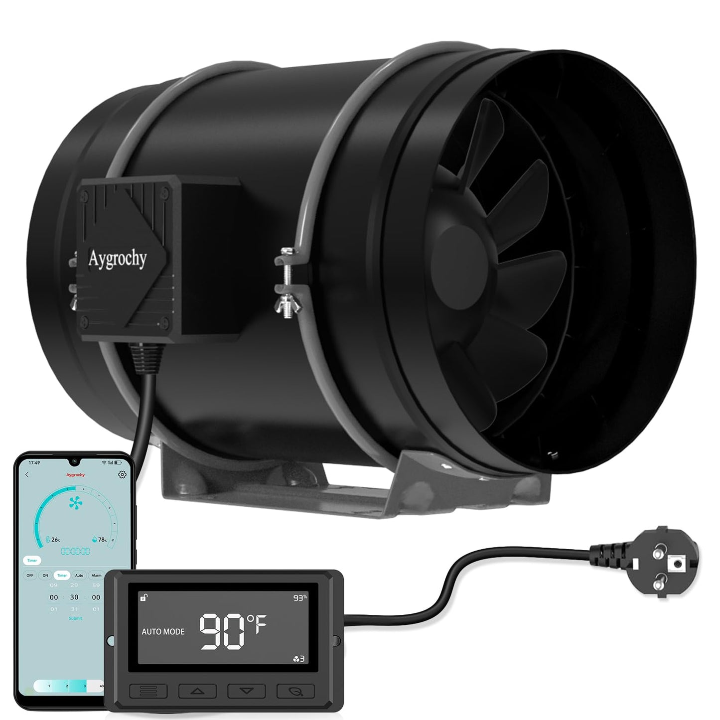 Aygrochy 100 mm Intelligent Duct Fan with Temperature and Humidity Control, Extractor Fan for Boosters, Grow Tents, Ventilation and Tente de Culture Hydroponique