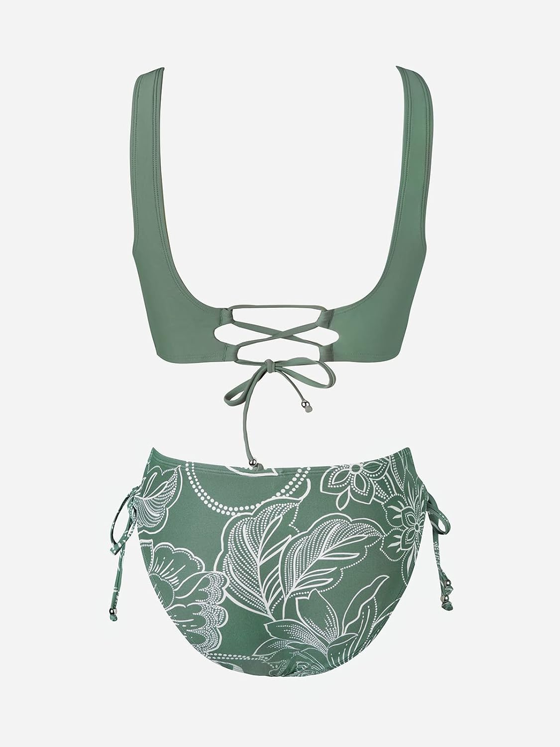 Costum de baie bikini CUPSHE cu aspect petrecut si snur, model floral, doua piese, marimea XL, verde inchis