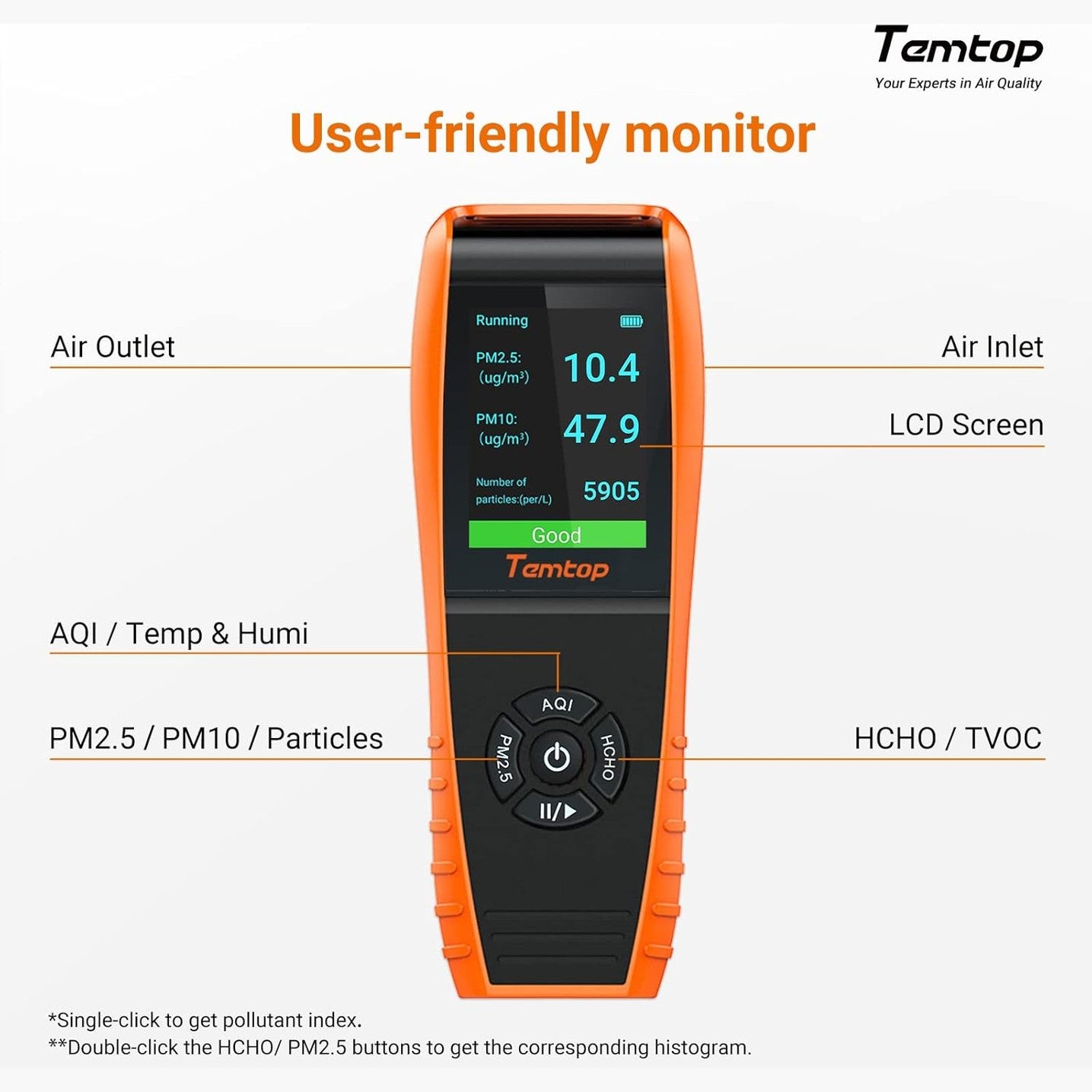 Temtop Air Quality Monitor Detects PM2.5 PM10 Formaldehyde TVOC AQI Temperature Humidity Tester Particle Counter Indoor Outdoor Air Pollution Detector with Data Export, LKC1000S+ 2nd