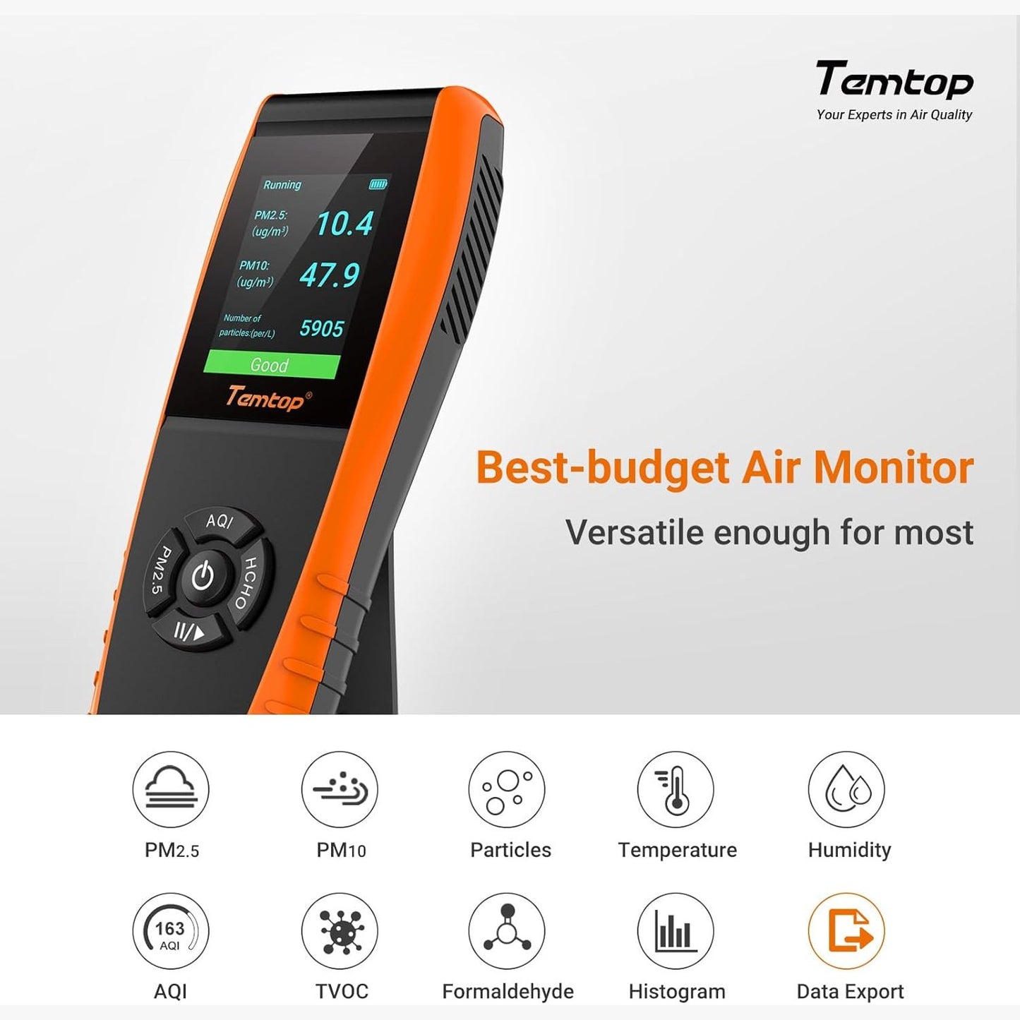 Temtop Air Quality Monitor Detects PM2.5 PM10 Formaldehyde TVOC AQI Temperature Humidity Tester Particle Counter Indoor Outdoor Air Pollution Detector with Data Export, LKC1000S+ 2nd