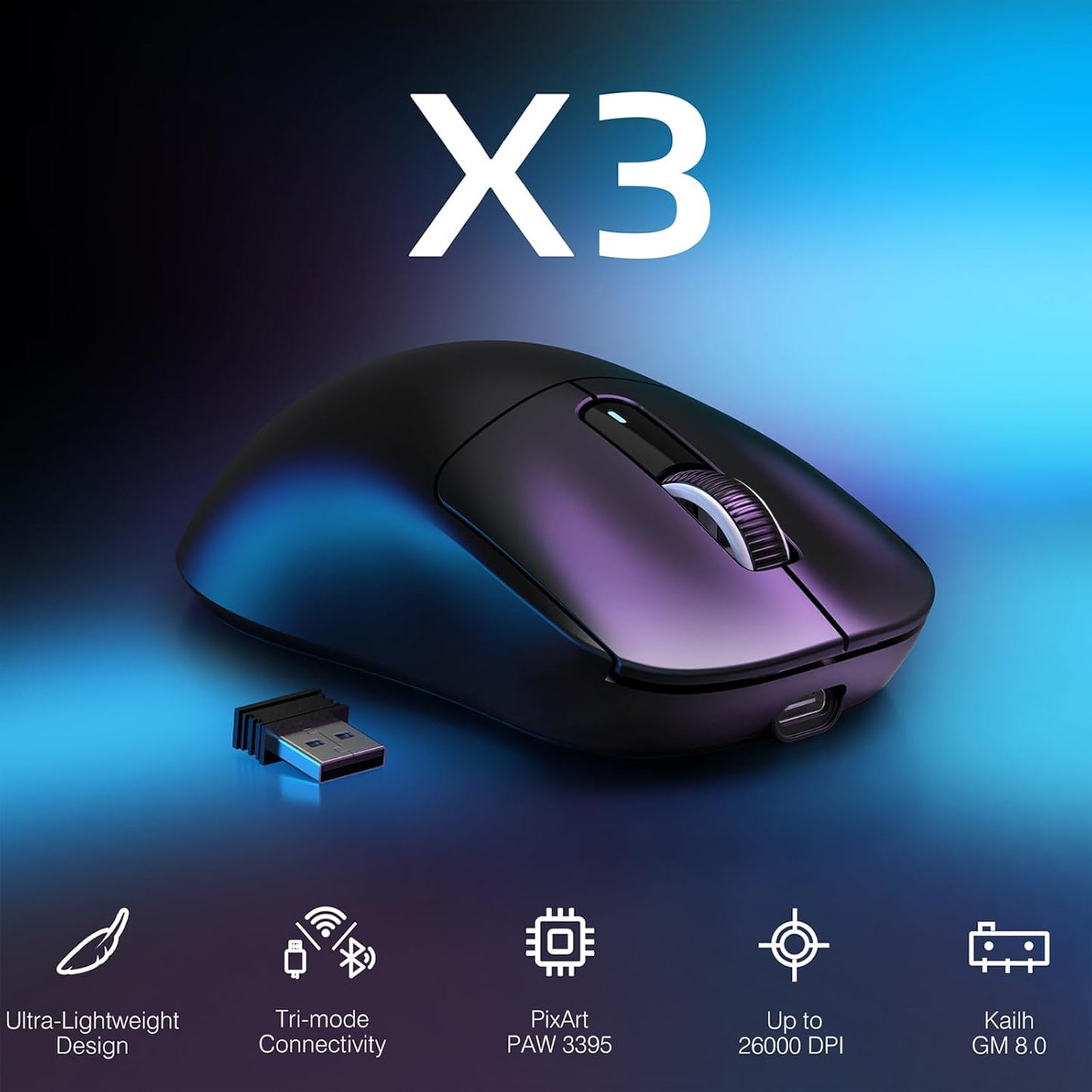 VGN GAMEPOWER x ATTACK SHARK X3 SUPERLIGHT Wireless Gaming Mouse, 49g Ultralight Mice, PixArt PAW3395, 26000 DPI, Tri-mode 2.4G/USB-C Wired/Bluetooth, G502, 200 Hrs Battery, Kailh GM8.0 Switch, Black