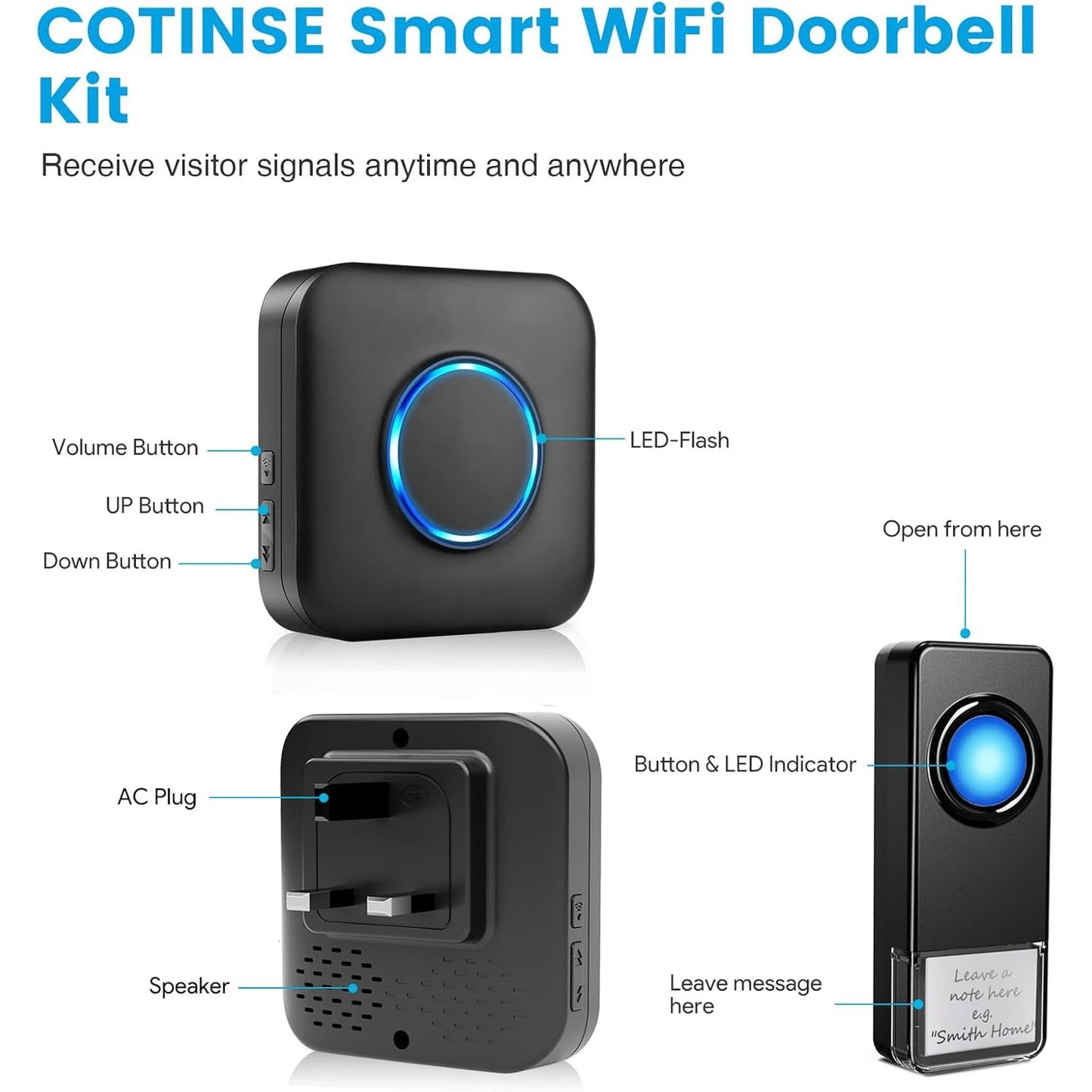 WiFi Doorbell Waterproof Outdoor, APP with No Subscription, 0-110dB Range Wireless Doorbell with 32 Melodies, Door Bell with Remote Notification, Door Bells with LED Flash for Homes, Offices