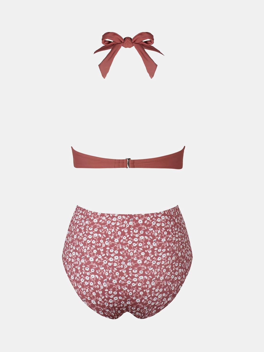 Costum de baie bikini CUPSHE cu talie inalta, decolteu halter si imprimeu floral, marimea XL, rosu caramiziu