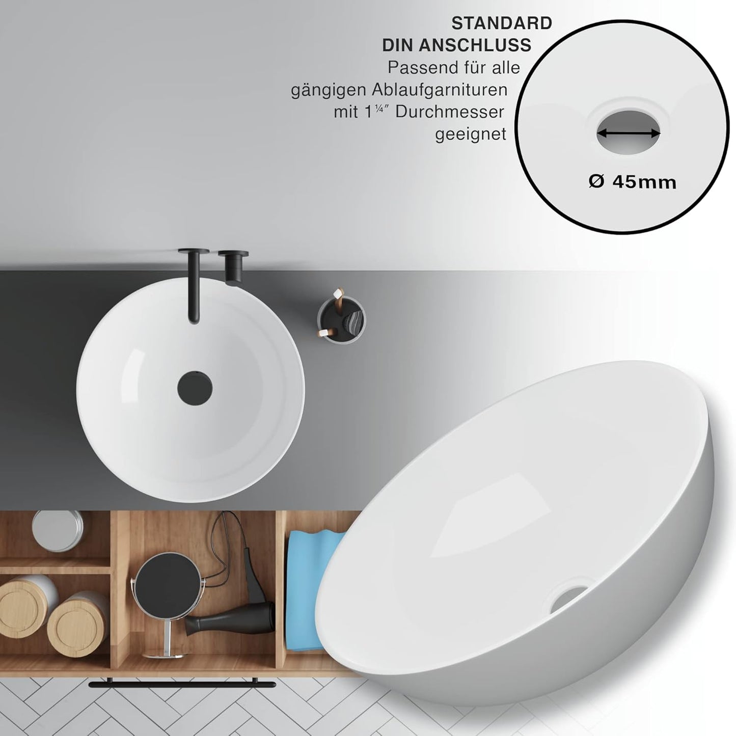 VMbathrooms Premium Round Washbasin with Lotus Effect, Above-Counter Basin for the Bathroom and Guest Toilet, Wash Basin without Tap Hole and without Overflow, Pure White Above-Counter Basin