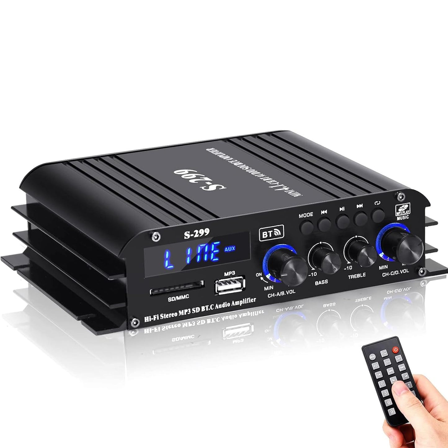 4.1 Channel Bluetooth Power Amplifier with Active Subwoofer Output, 40Wx4 Subwoofer Amplifier, Integrated HiFi Mini Amplifier Speaker, S-299 5.0 Bluetooth Amplifier with Remote Control