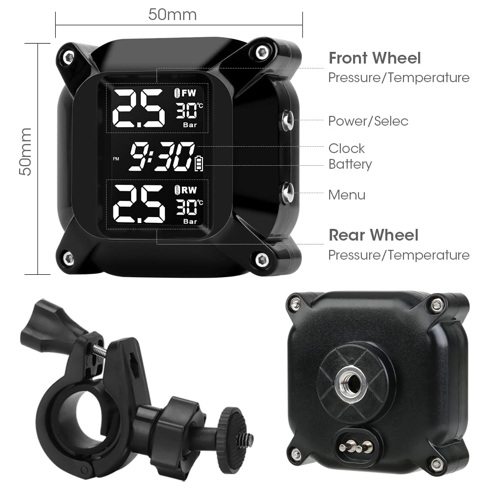 Jansite Motorcycle TPMS Wireless Tyre Pressure Monitoring System with 2 External Sensors LCD Display Car Alarm System Anti-Off & Waterproof Waterproof