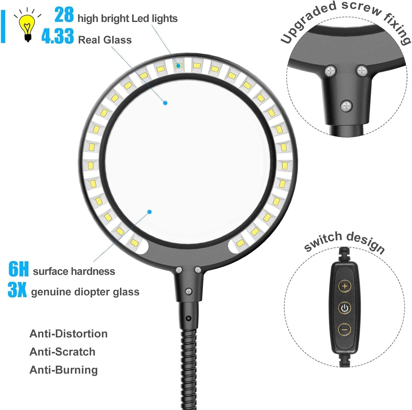 Magnifying Glass with Light, Third Hand Soldering, 3x Magnification Helping Hands Daylight Magnifying Lamp with Light with 28 Dimmable LEDs, Heavy Duty Base, 4 Flexible Helping Arms, Illuminated for