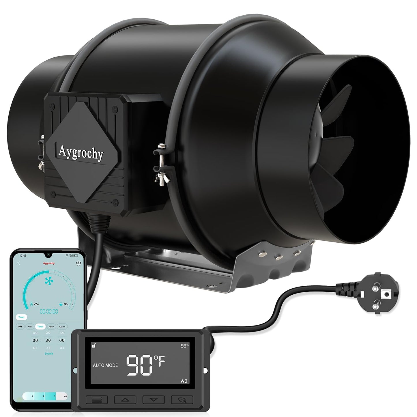 Aygrochy 100 mm Intelligent Duct Fan with Temperature and Humidity Control, Extractor Fan for Boosters, Grow Tents, Ventilation and Tente de Culture Hydroponique