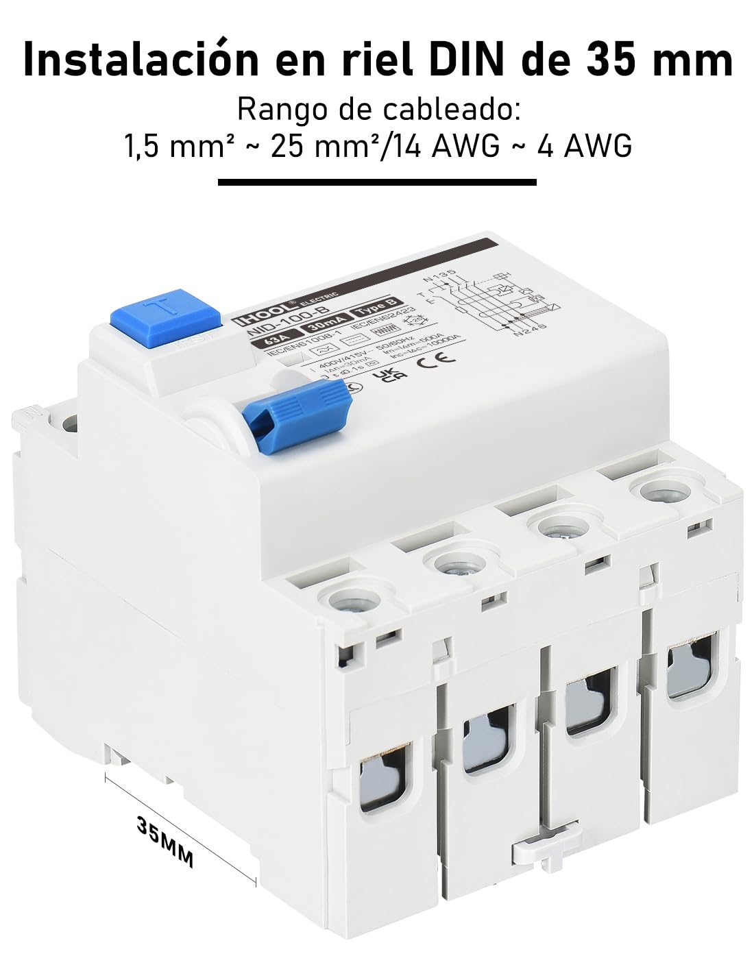 DIHOOL RCD type B fi afbryder reststrøm enhed FI-kontakt DIN hat skinne 4-polet 63 A 30mA