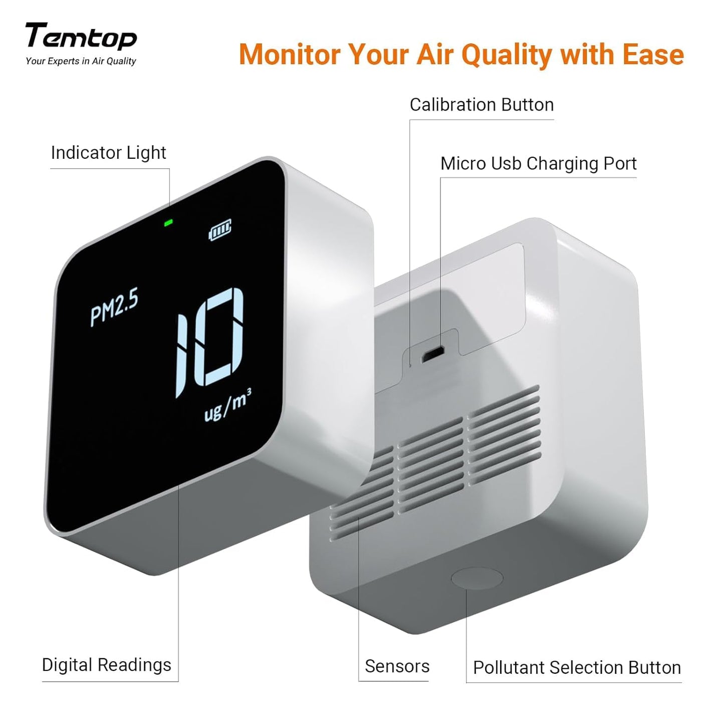 Temtop M10 Air Quality Monitor Indoor Air Quality Tester AQI PM2.5 VOCs Formaldehyde Detector for Home Air Testing, US Certified Air Sensor