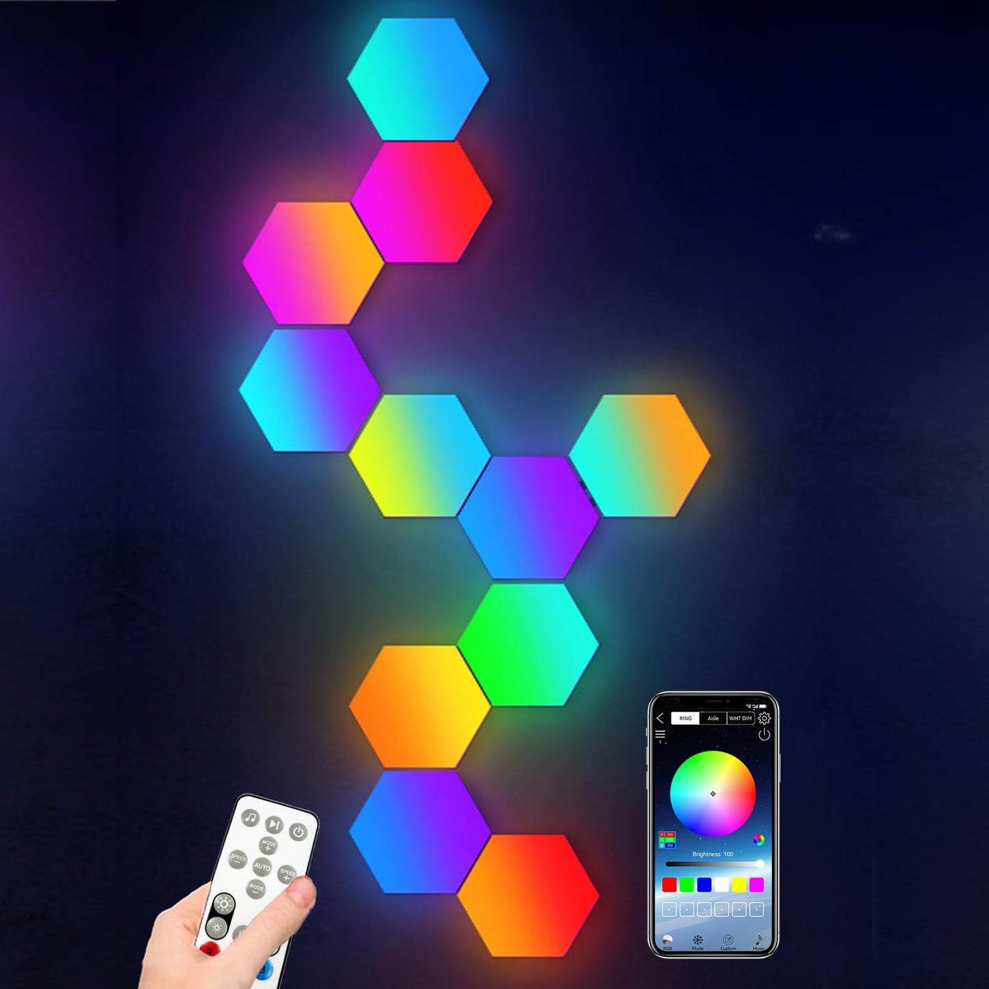 Amailtom Hexagon LED Lights, Smart Hexagon Gaming Wall Lights App & Remote Control, LED Light Panels Music Sync, DIY Geometry RGB Room Light for Gaming Room Living Bedroom Streaming, 7 Panels