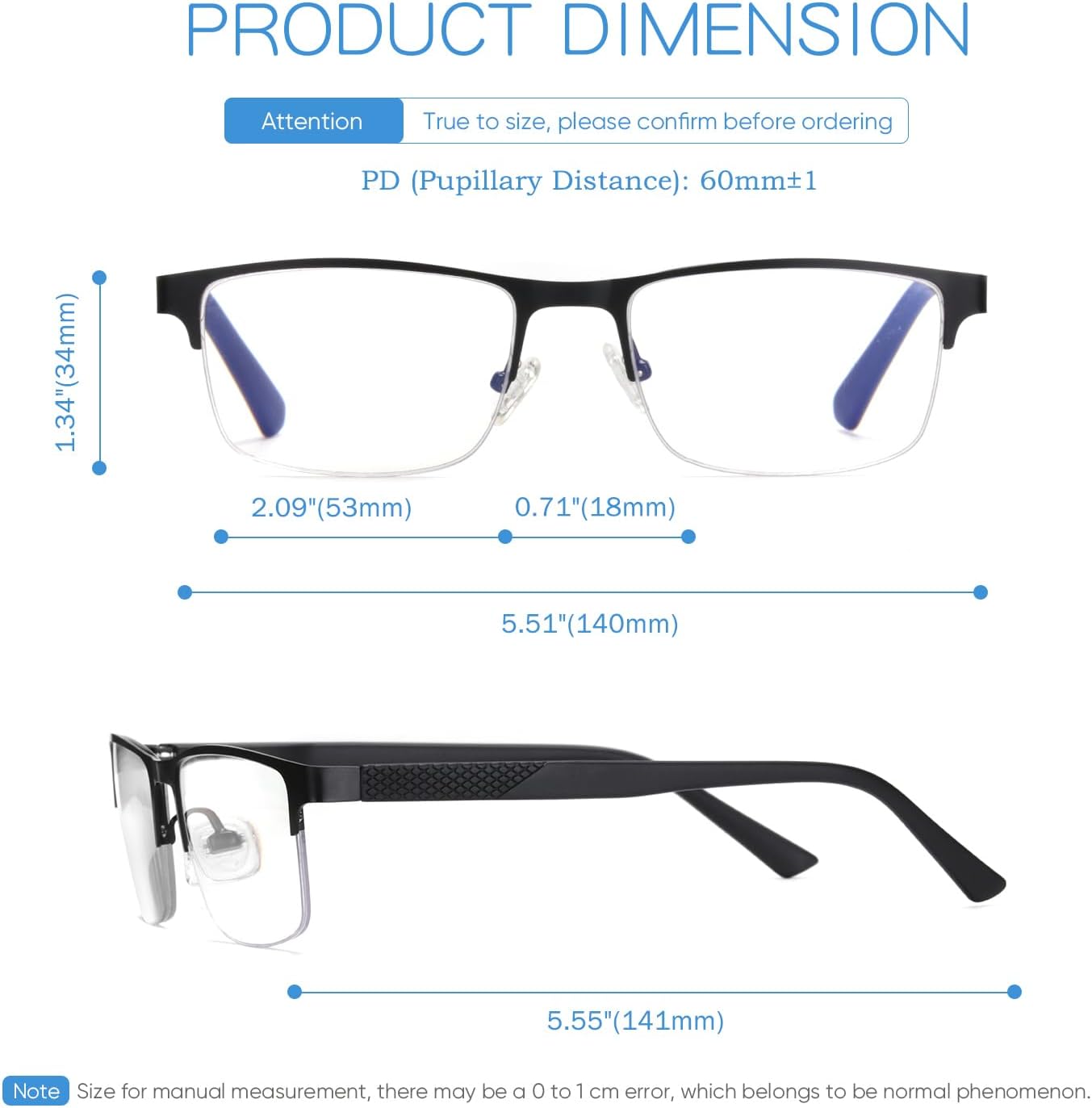Missfive 2 Pack Mens Quality Progressive Multifocus Reading Glasses Blue Light Blocking, Man Spring Hinge No-Line Multifocal Readers Half Frame Metal Eyeglasses (Workspace For Near Range, 2.5x)
