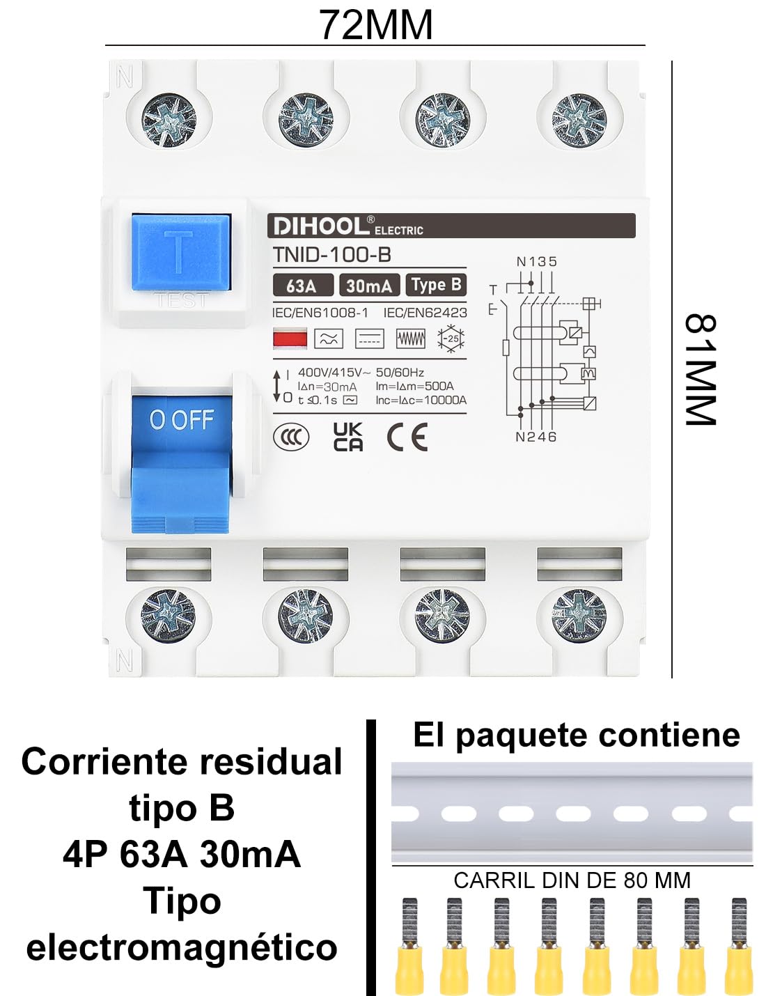 DIHOOL RCD type B fi afbryder reststrøm enhed FI-kontakt DIN hat skinne 4-polet 63 A 30mA