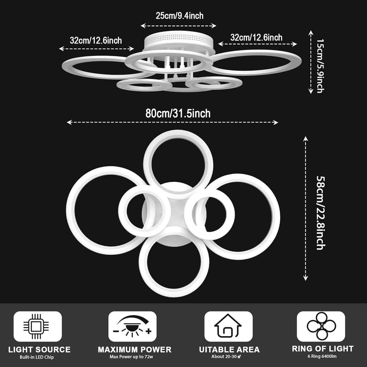 RUYI Ceiling Lights,Modern LED Arylic 6 Ring 72W 6400LM Flush Chandeliers Lamp with Remote Control,for Living Room,Bedroom,Bathroom,Dimmable 2800-7000K