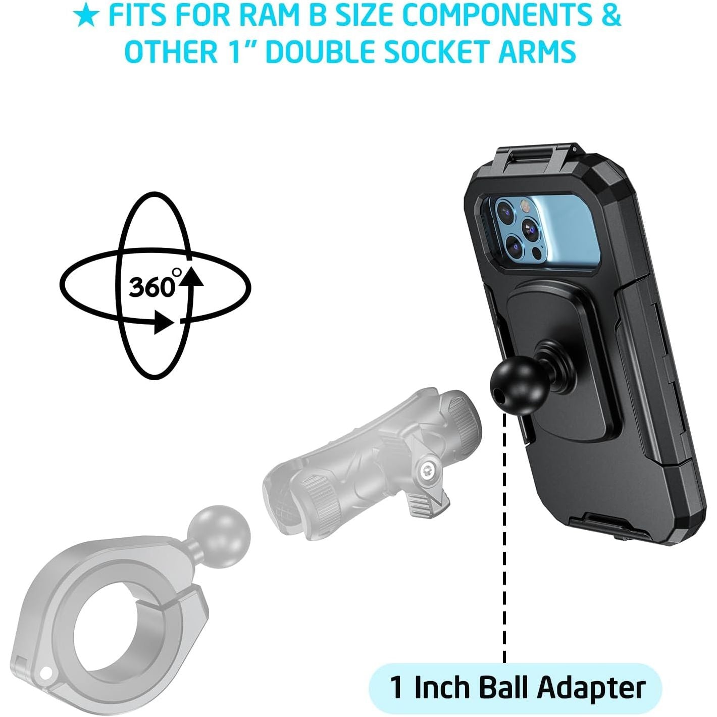 iMESTOU IP66 Waterproof Bicycle Mobile Phone Holder with 2.5 cm Ball Head, Suitable for RAM B Components / 2.5 cm Double Socket Arms, Suitable for 3.5 - 6.1 Inch Mobile Phones with Max. Thickness 1.1