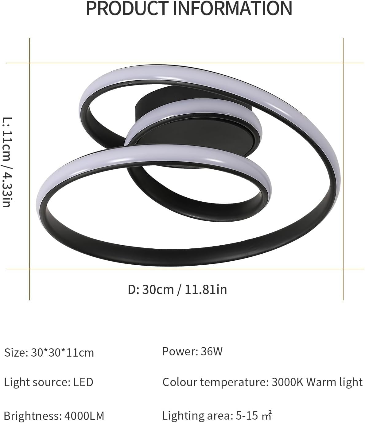 Comely Ceiling Light LED, 36 W Creative Spiral Design Ceiling Light Black Bedroom Lamp, Modern Ceiling Light LED Warm White 3000 K for Living Room, Dining Room, Kitchen, Hallway