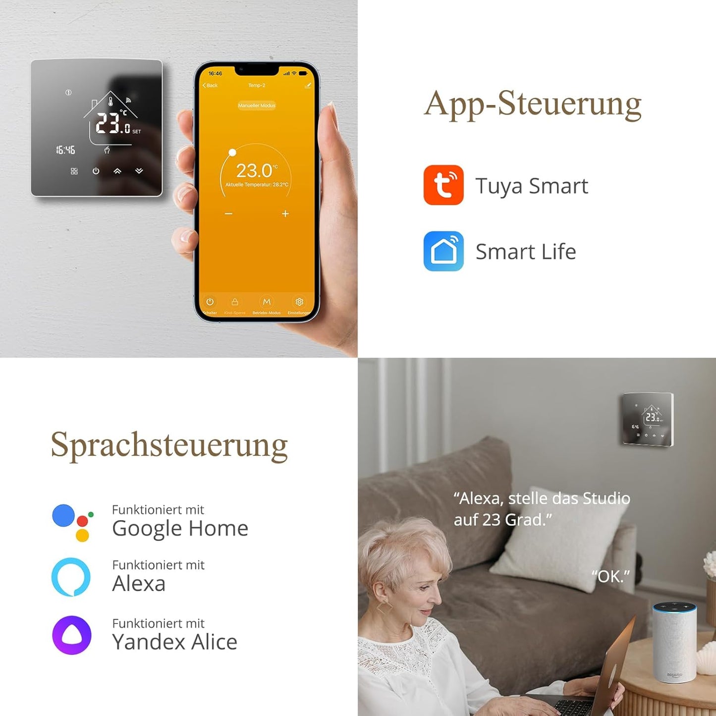 Beok Mirror Thermostat Underfloor Heating Smart WiFi Room Thermostat Heating Thermostat with Digital LCD Wall Thermostat for Water Underfloor Heating Compatible Tuya, Alexa, Google Home 3A